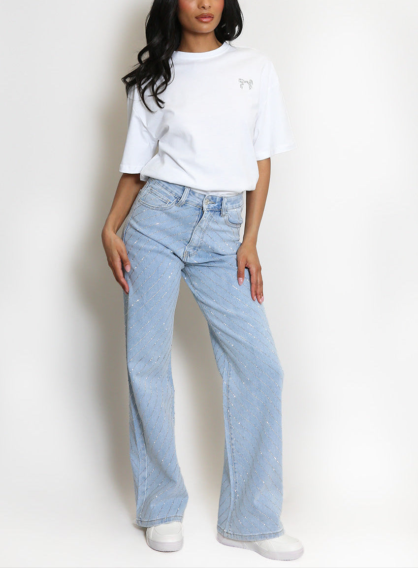 Tiered Diamante Embellished Wide Fit Jeans