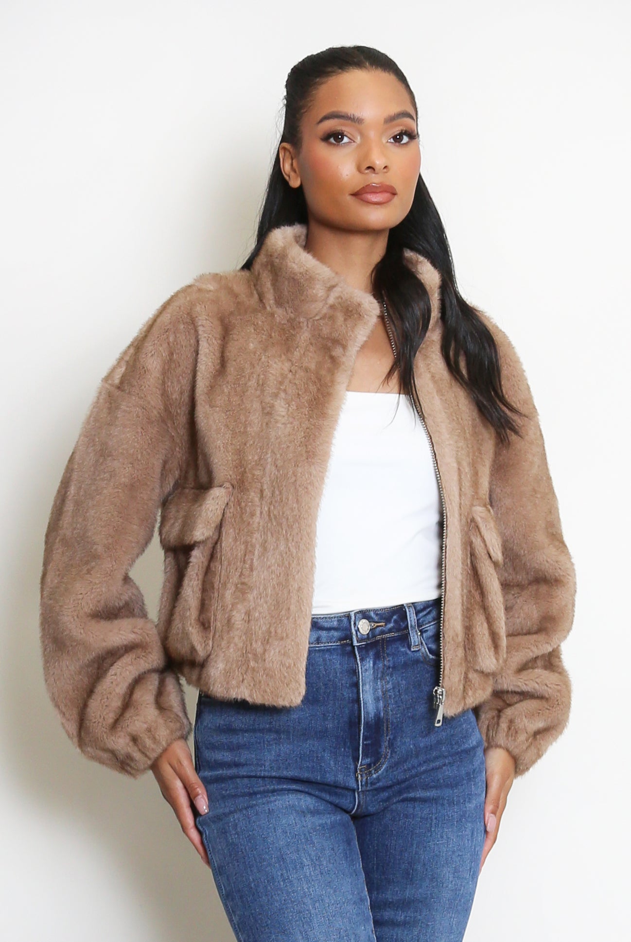 Faux Fur Bomber Jacket With Pockets