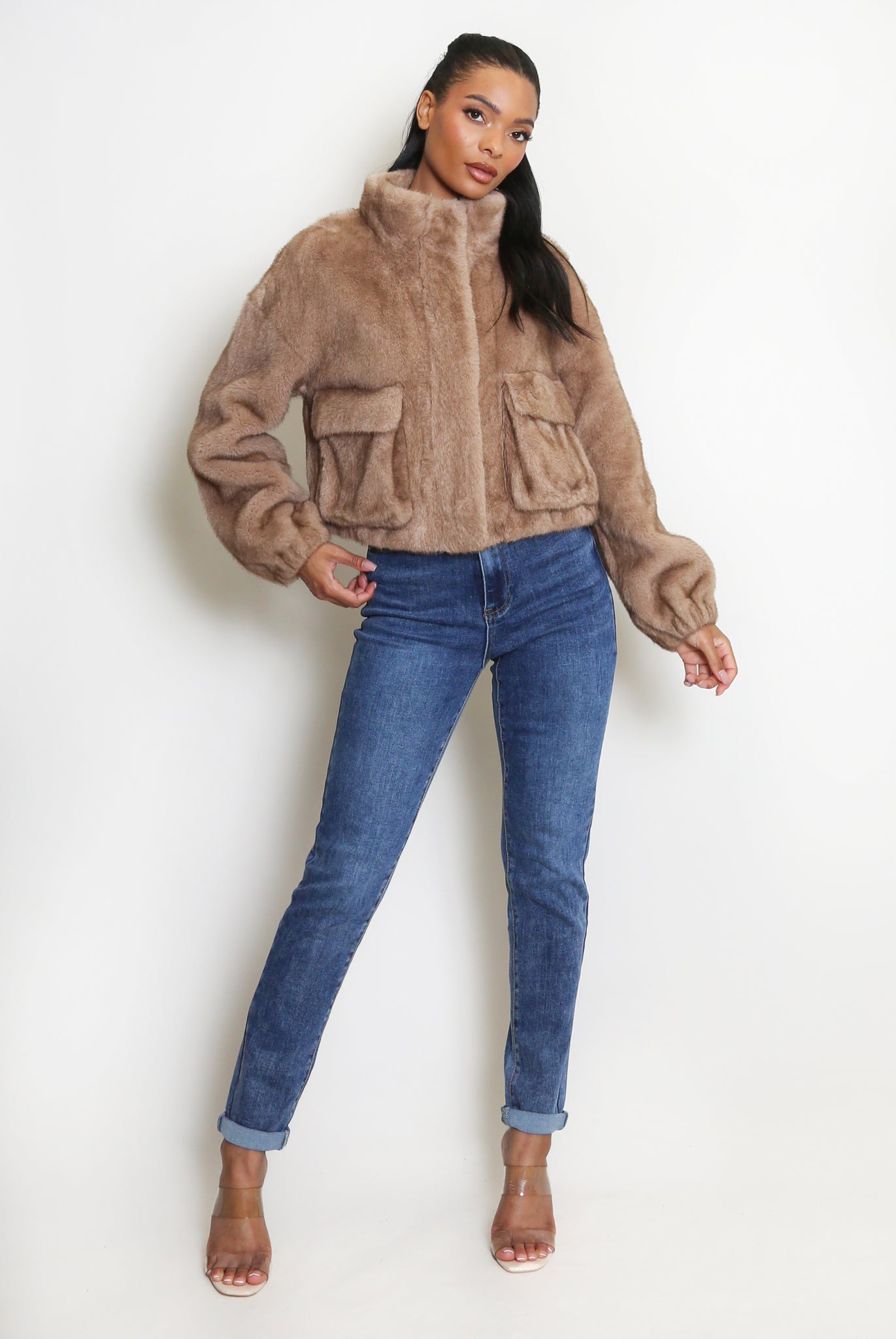 Faux Fur Bomber Jacket With Pockets