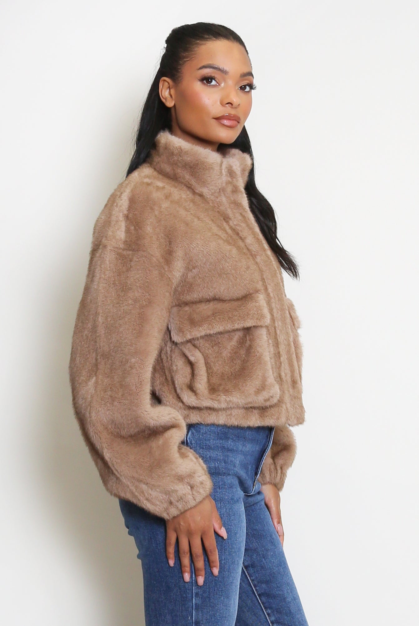 Faux Fur Bomber Jacket With Pockets