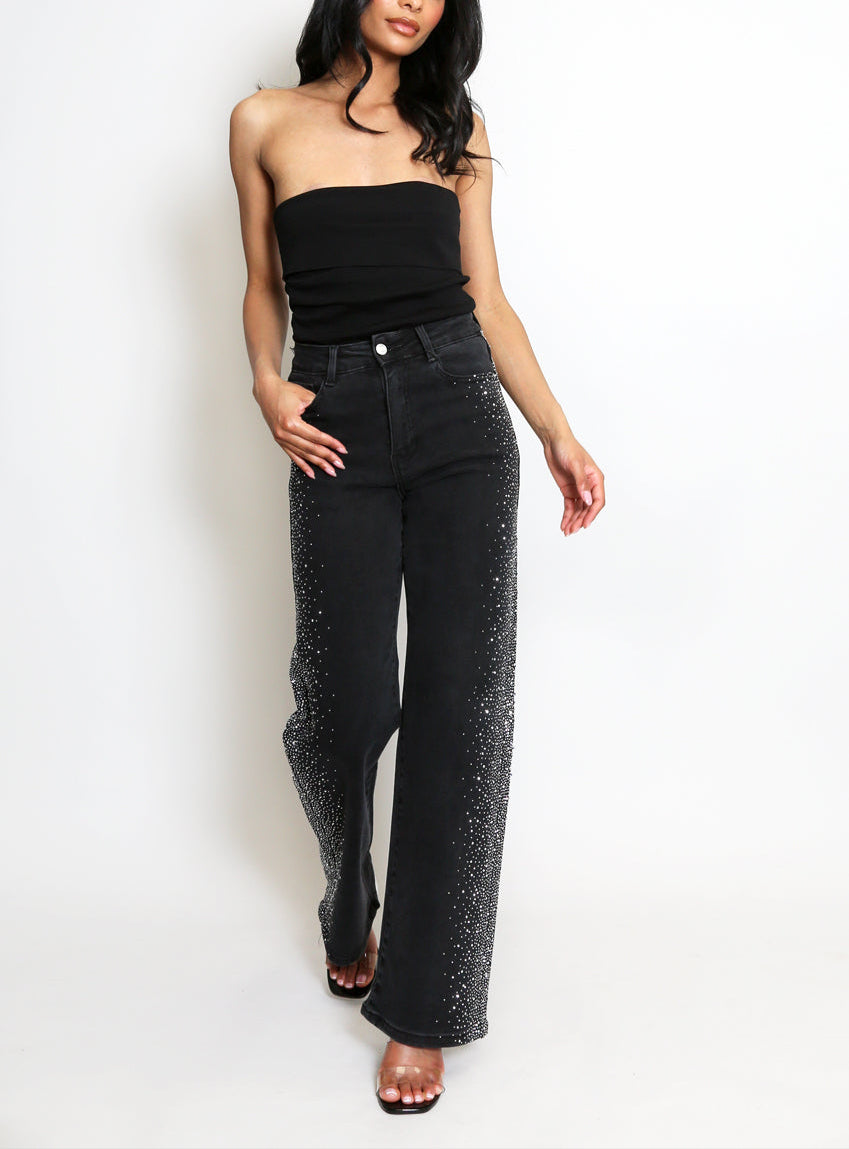 Diamante Sides Embellished Wide Fit Jeans