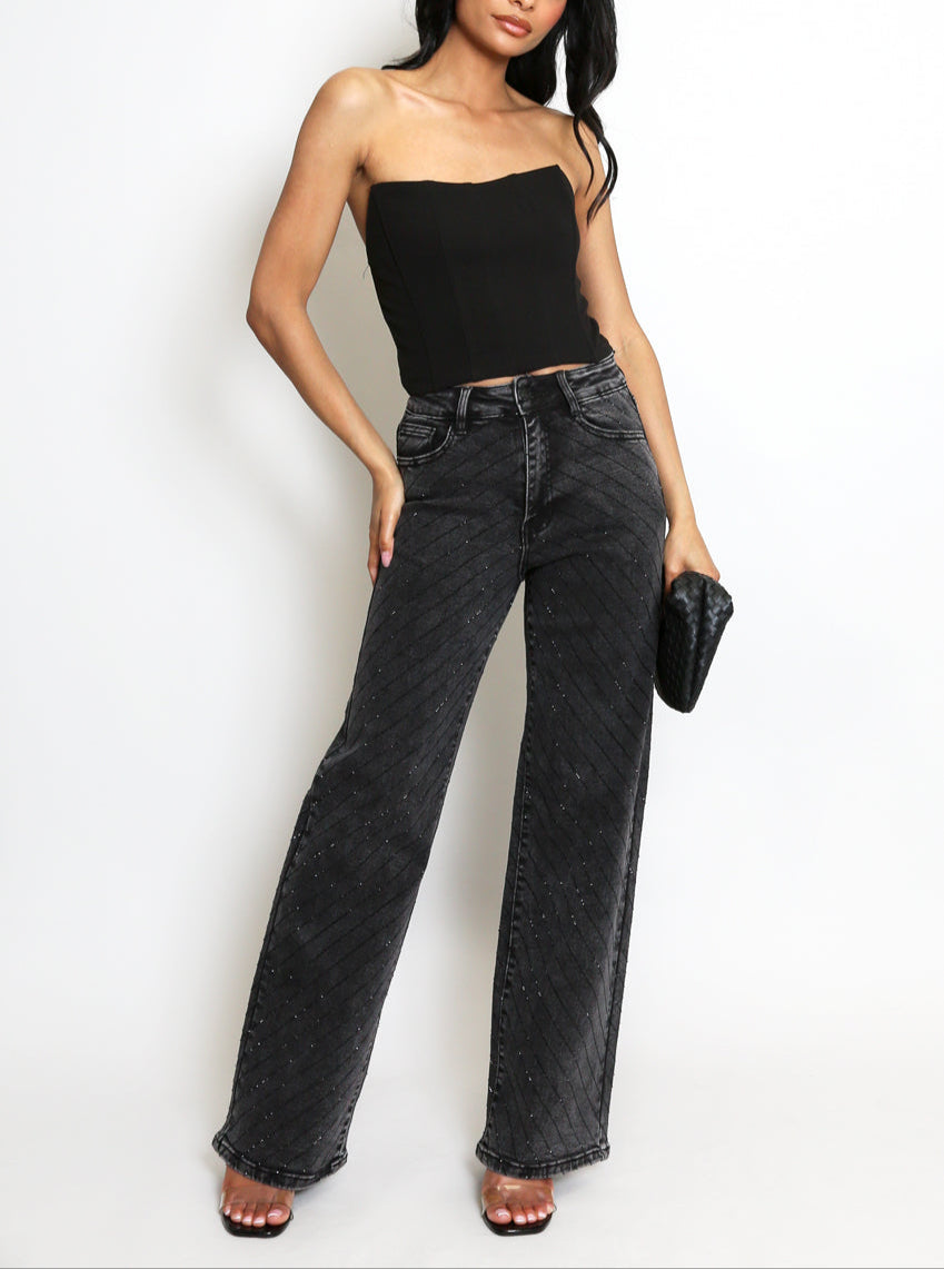 Tiered Diamante Embellished Wide Fit Jeans
