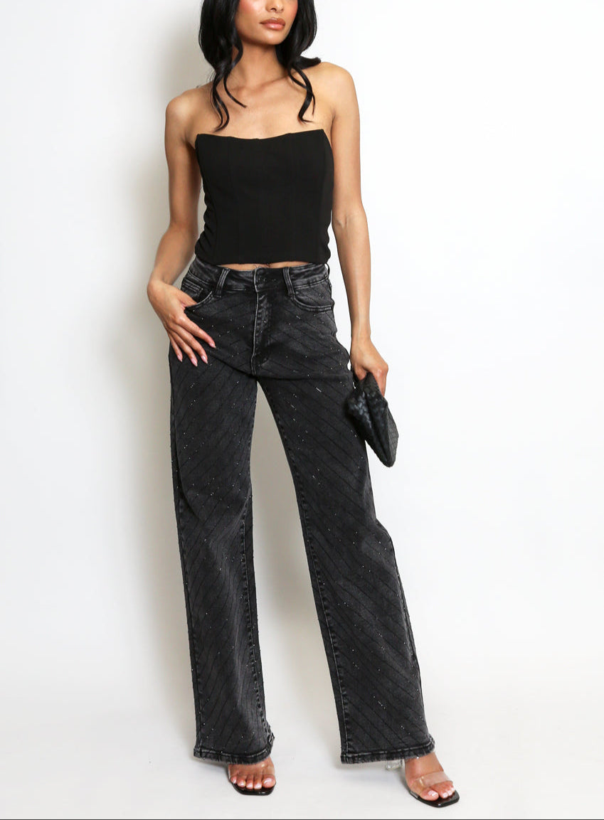 Tiered Diamante Embellished Wide Fit Jeans