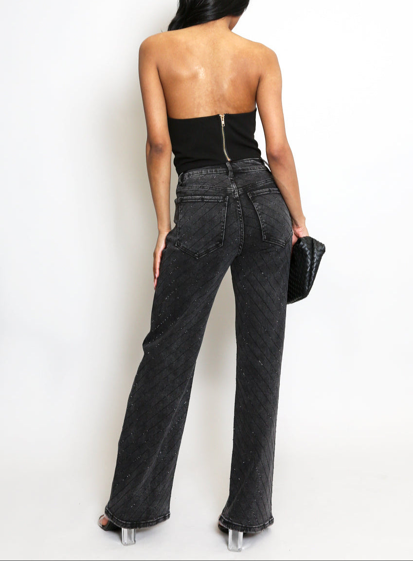 Tiered Diamante Embellished Wide Fit Jeans