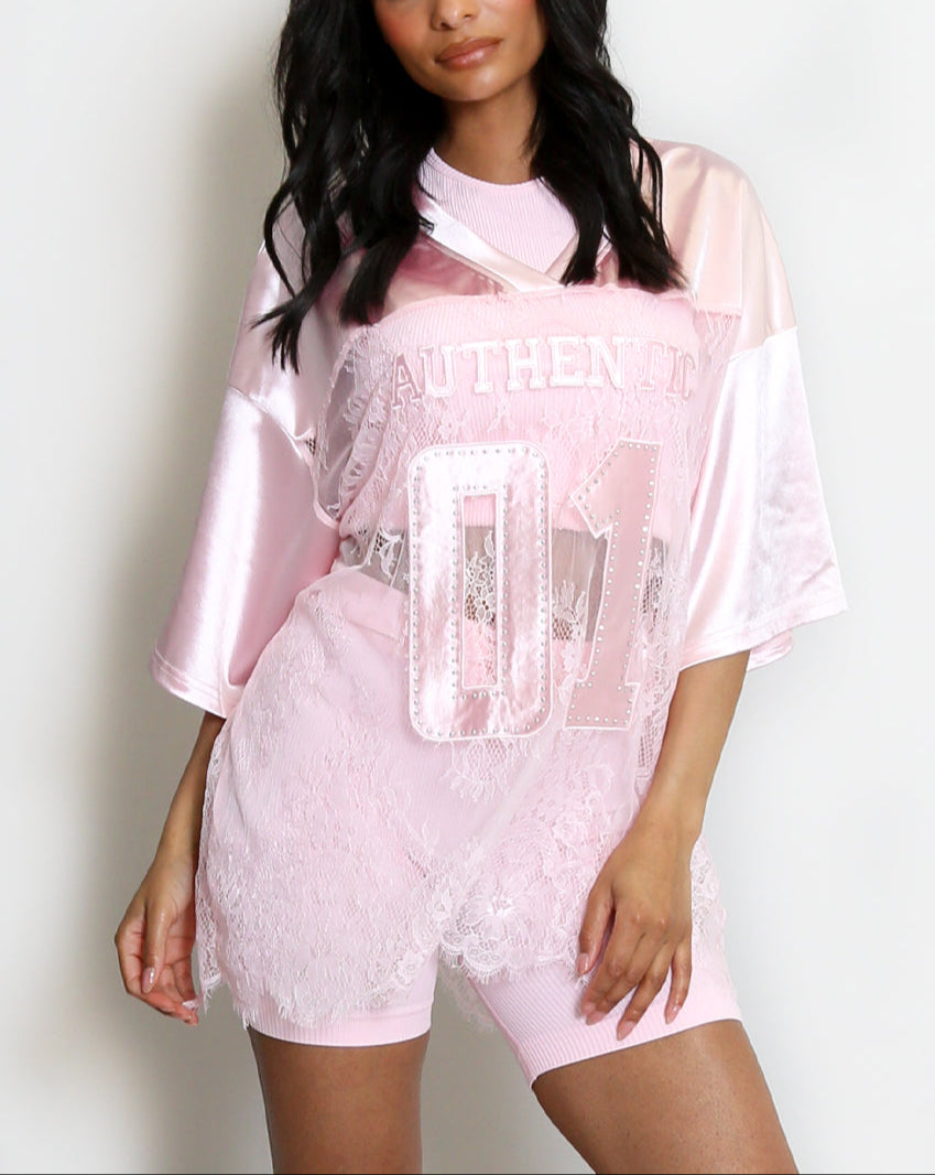 V Neck Sheer Lace Varsity Top