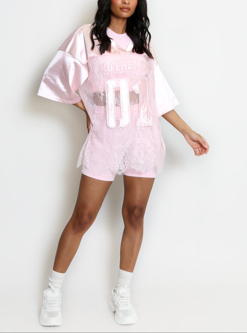 V Neck Sheer Lace Varsity Top