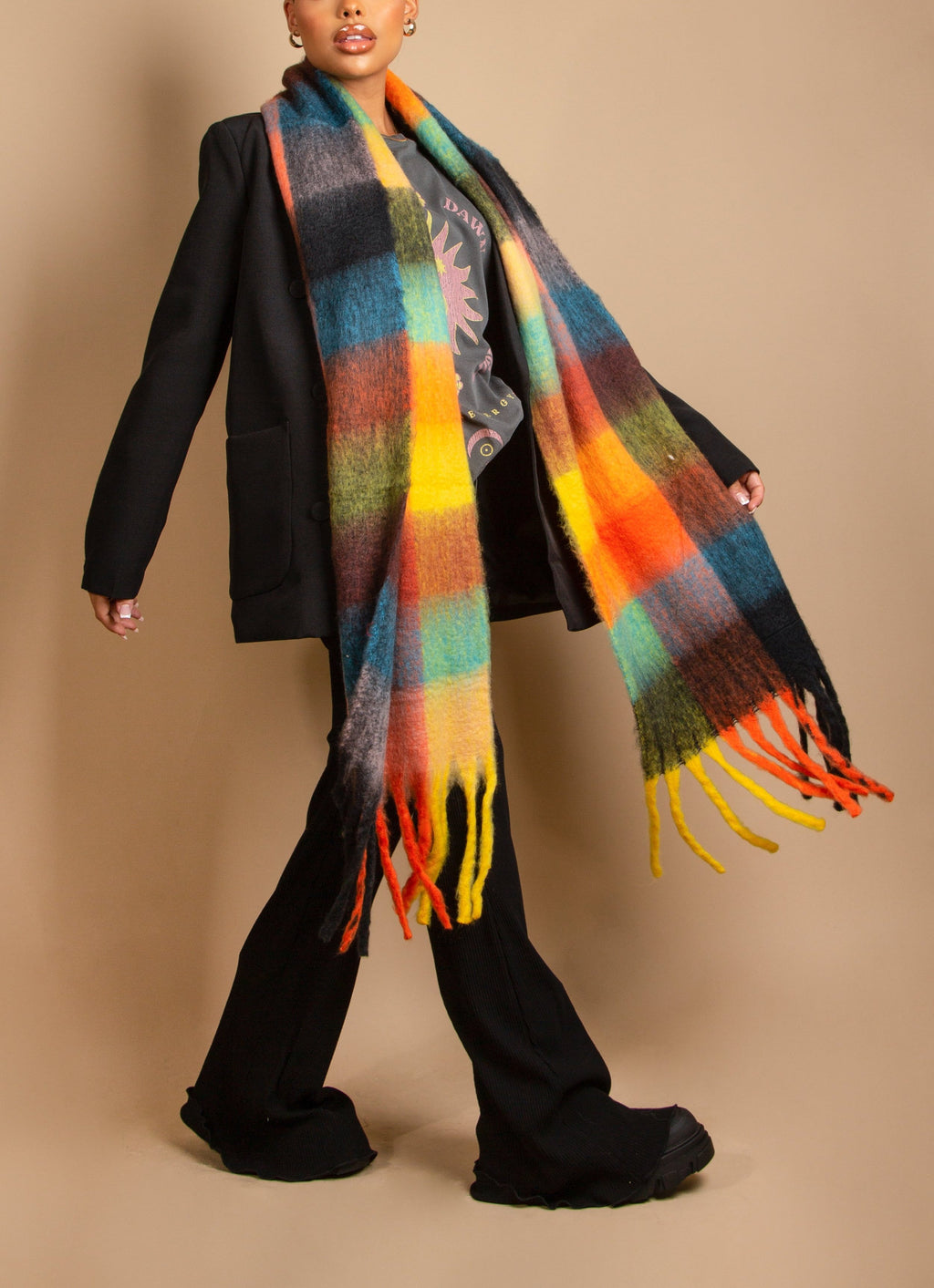 Check Print Fluffy Knit Scarf