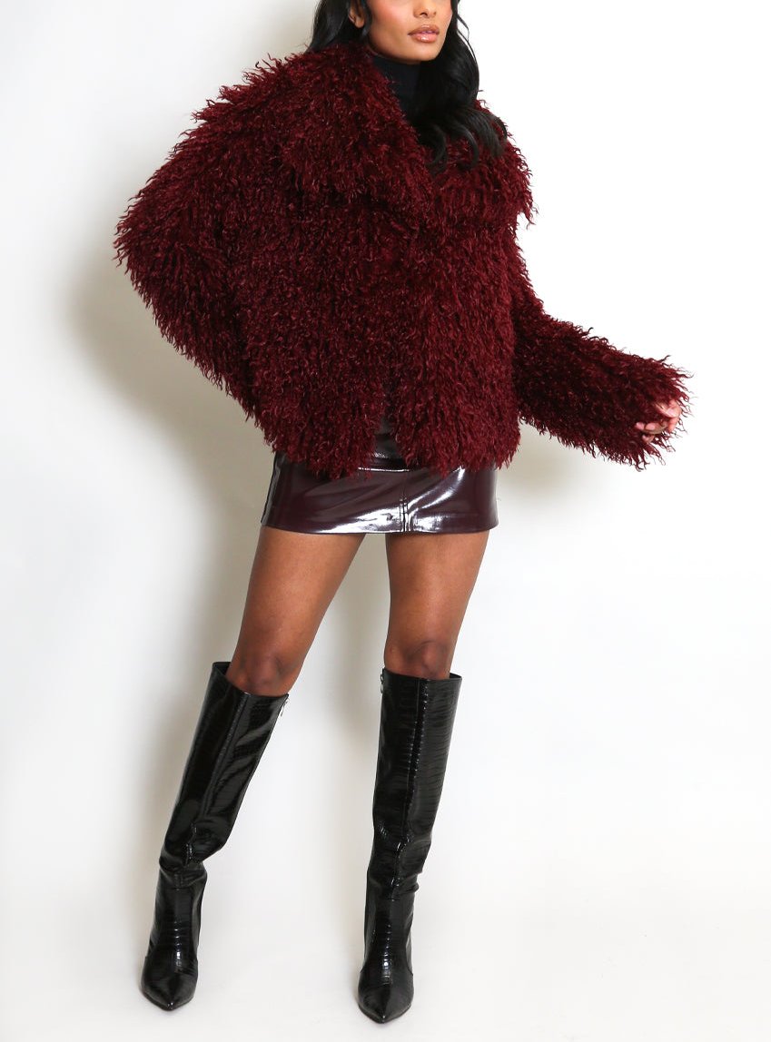 Burgundy Shaggy Faux Fur Jacket