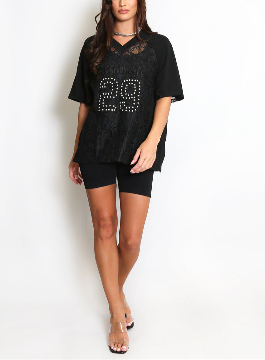Black Sheer Lace Baseball Top