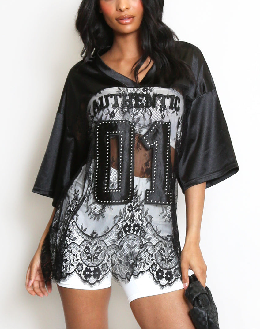V Neck Sheer Lace Varsity Top